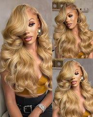 Front view of 13x6 glueless lace front wig body wave human hair in light brown