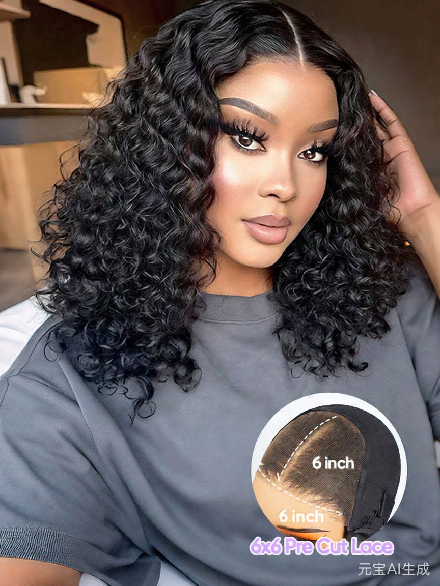 6×6 glueless water wave wig with pre-cut HD lace and natural hairline