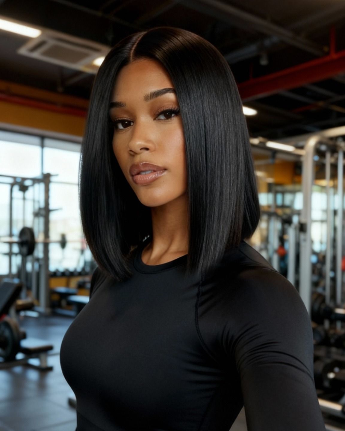 Office and everyday look wearing 9x6 glueless yaki straight bob wig