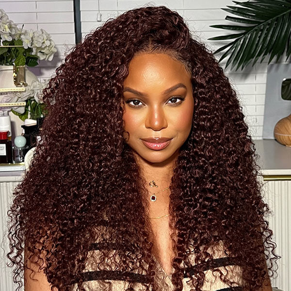 Kinky Curly Reddish Brown Wear Go Wig Pre-cut 9x6 Lace Glueless Human Hair Wigs