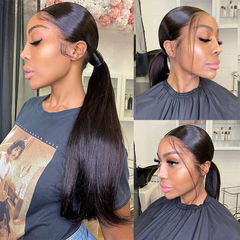 360 Lace Frontal Natural Black Long Straight Wig Free Part Ponytail Style Human Hair Wig