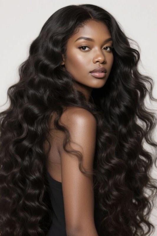 loose deep wave glueless wig natural black on model soft waves full volume
