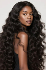 loose deep wave glueless wig natural black on model soft waves full volume